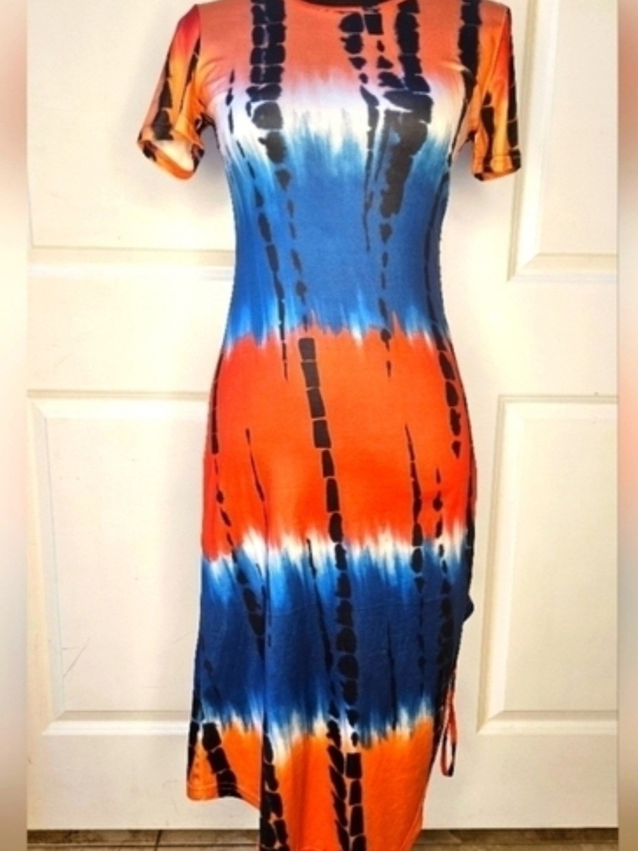 Tie-Dye Short Sleeve Midi Dress In Orange & Blue